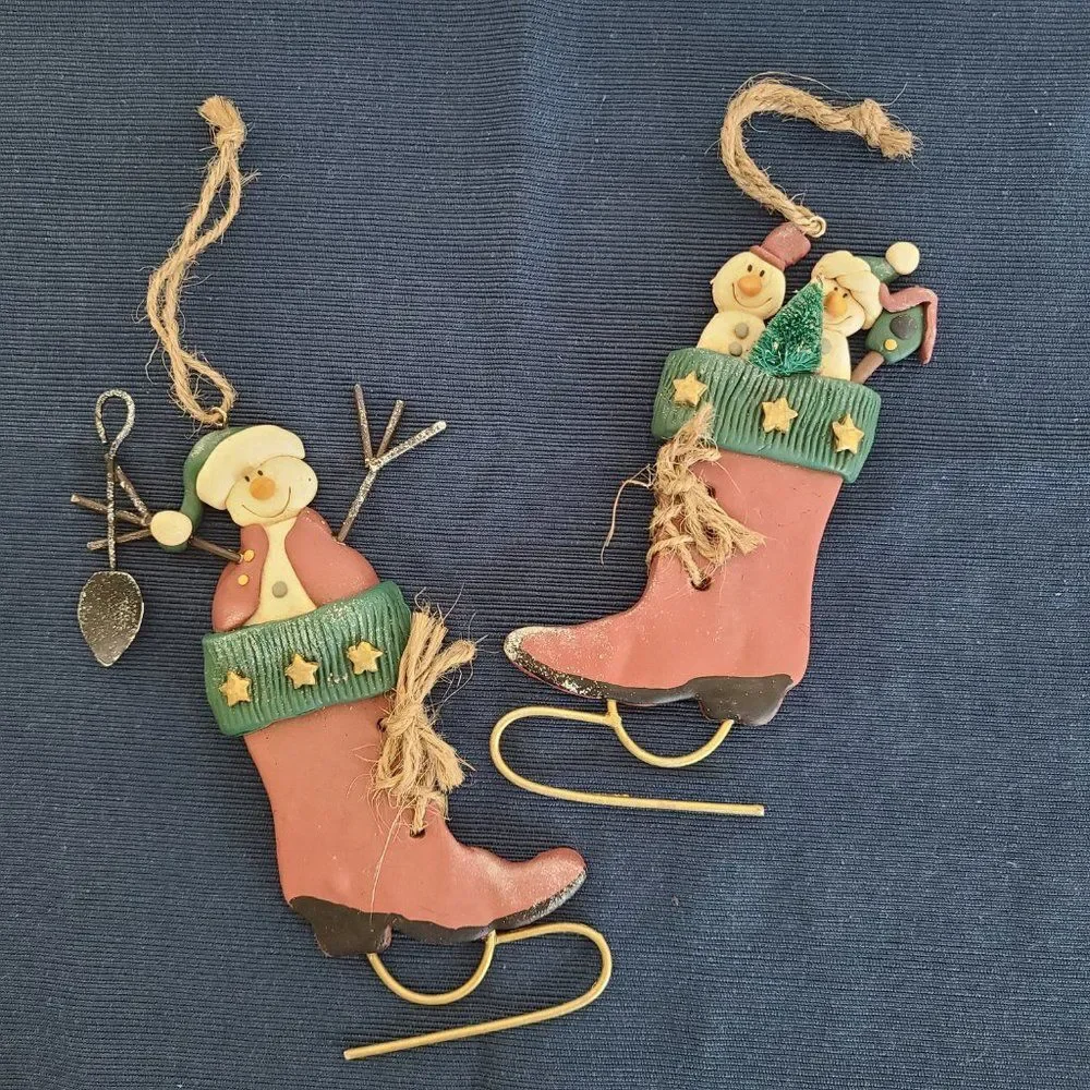 Vintage Winter Ice Skates With Snowman Christmas Ornaments Set of Two